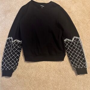 Express Black Sweater with Beaded Sleeve Design